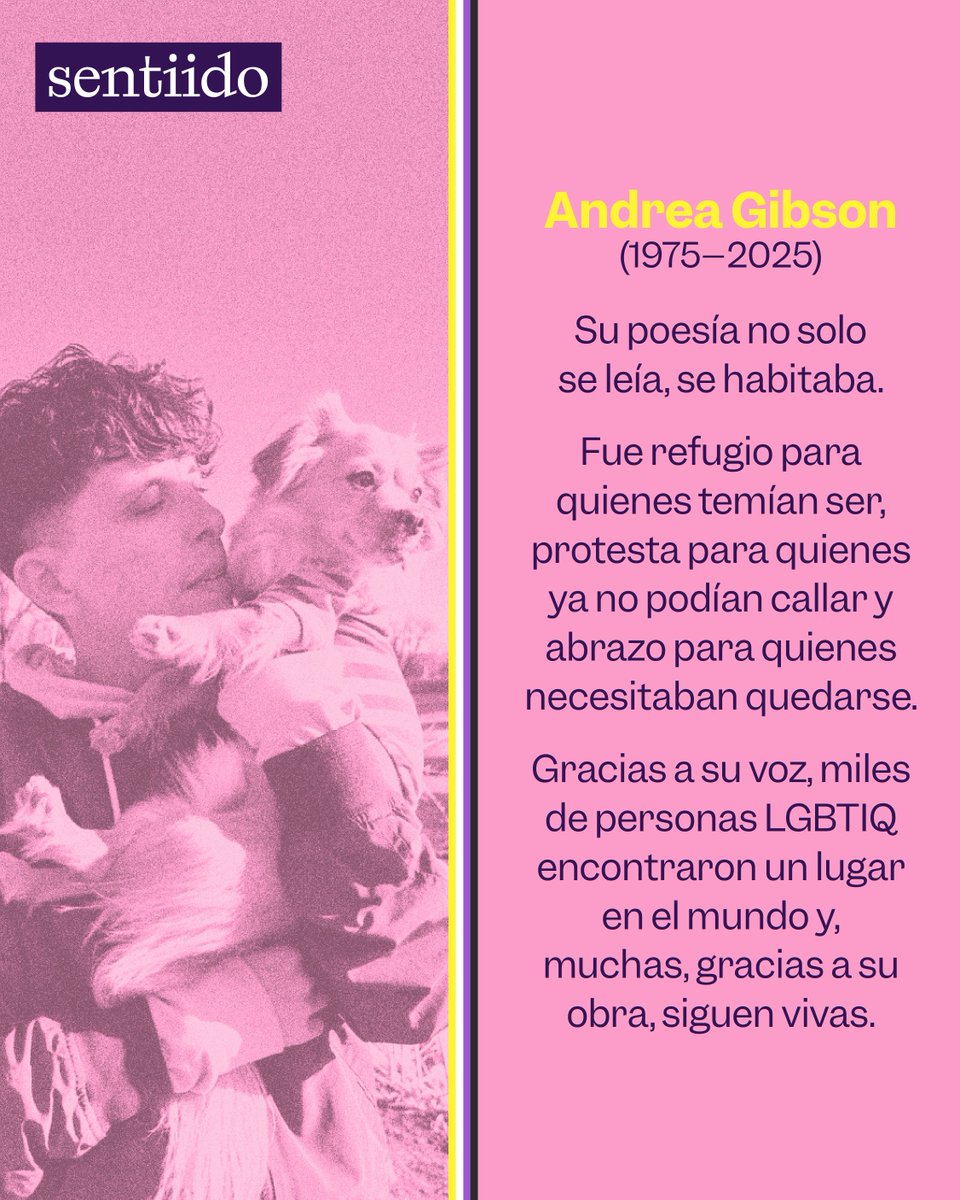Sentiido's tweet image. 🕯️Murió #AndreaGibson, quien con su poesía y su obra cuestionó las normas de género y abordó la justicia social y las identidades LGBTIQ. Después de su diagnóstico de cáncer, también abordó la muerte. Su legado, vive.