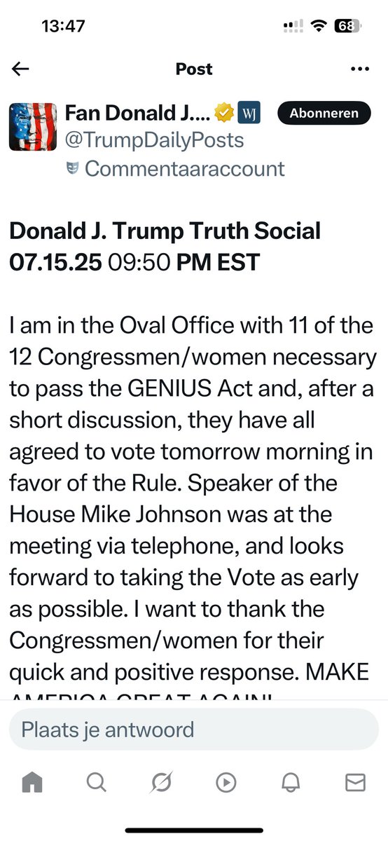 Nog even en de senaat in de VS gaat stemmen over de Genius Act. Stoelriemen vast…. #cryptocurrency <a href="/Bitcoin/">Bitcoin</a> #GENIUSAct #oranjezomer