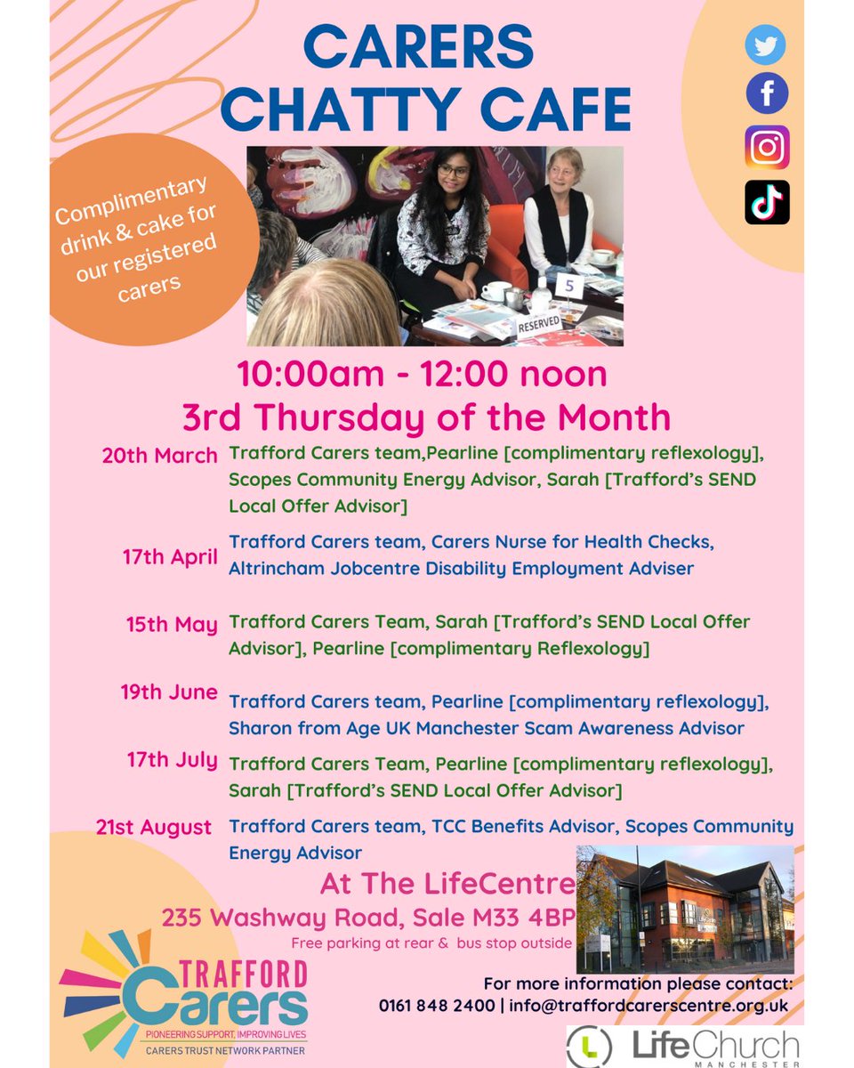 TraffordFIS's tweet image. Happening TOMORROW! Join Sarah, our dedicated SEND Local Offer Advisor, at the SEND Parent Carers Chatty Café on Thursday 17 July at the Life Centre (Sale)! 🏠✨ Hosted by Trafford Carers Centre, it’s a warm community space for sharing stories and connecting with fellow carers.