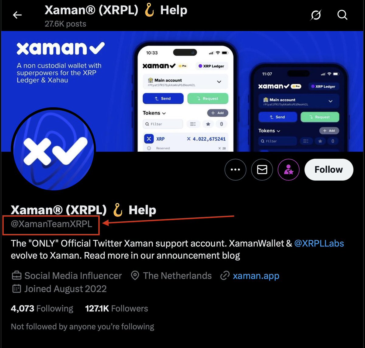 ⚠️127,000 follower account PRETENDING to be Xaman. 

⛔️Block and Report! 

✅Always verify!

Watch out for those @ handles. 
They will change or add a tiny character to fool you. 

Be vigilant and NEVER give out you keys, details or click links!