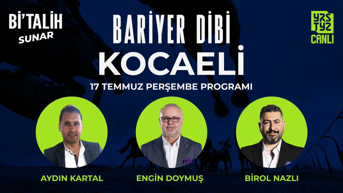 Yarıştayız (@yaristayiz) on Twitter photo 🎬 <a href="/geldibitalih/">Bitalih</a>'in sunduğu #BariyerDibi her gün deneyimli moderatörleri ve uzman yorumcularıyla #Yarıştayız kanalında!
🗣 Bu akşam 23.00'te <a href="/bakrkoylu73edu1/">Engin DOYMUŞ-Radyo Tv Spikeri..</a> moderatörlüğünde <a href="/hipodromcasusu1/">Aydın kartal</a> ve <a href="/NazliBirol/">BİROL NAZLI</a> "17 Temmuz Perşembe" günü koşulacak Kocaeli yarışını CANLI yayında 🎬 <a href="/geldibitalih/">Bitalih</a>'in sunduğu #BariyerDibi her gün deneyimli moderatörleri ve uzman yorumcularıyla #Yarıştayız kanalında!
🗣 Bu akşam 23.00'te <a href="/bakrkoylu73edu1/">Engin DOYMUŞ-Radyo Tv Spikeri..</a> moderatörlüğünde <a href="/hipodromcasusu1/">Aydın kartal</a> ve <a href="/NazliBirol/">BİROL NAZLI</a> "17 Temmuz Perşembe" günü koşulacak Kocaeli yarışını CANLI yayında