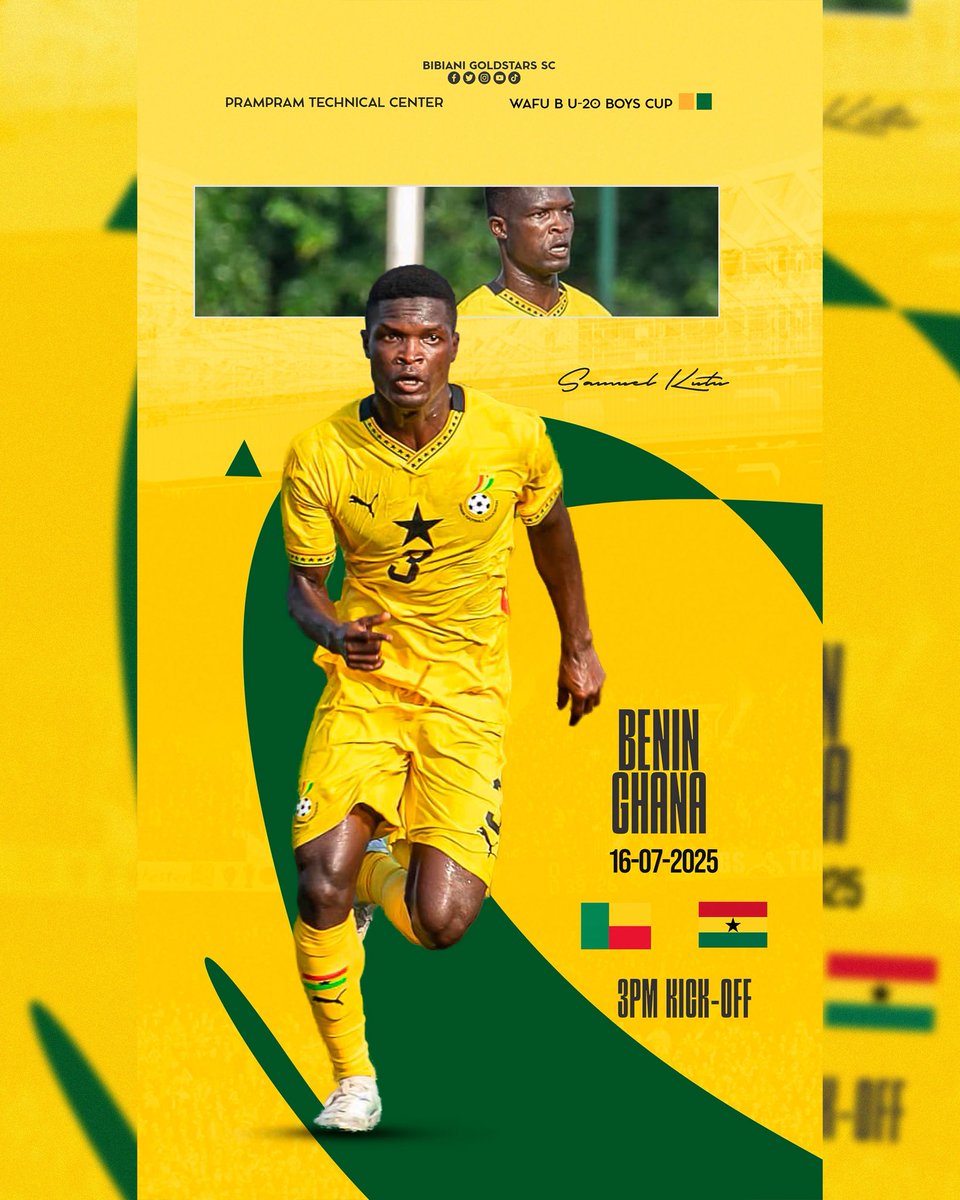 WAFU B U-20 BOYS

⏱ ➤ The Junior Cheetahs of Benin take on Ghana U-20 this afternoon in the final Group A clash.

🇧🇯✖️🇬🇭
🏟 Prampram Technical Center
🕒 15:00 GMT

Wishing our very own Samuel Acheampong and the entire Black Starlets team the best of luck! 🍀

#ZONEOUESTB |