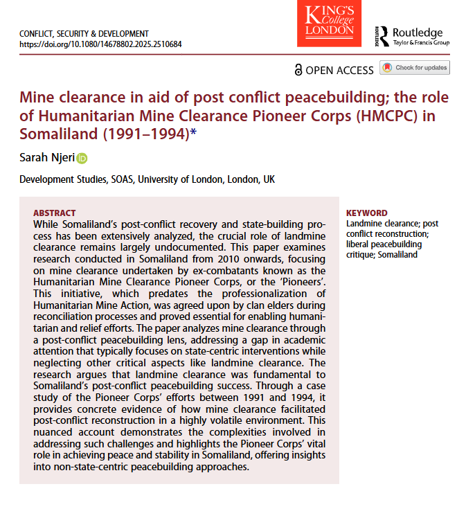 SOASDevelopment's tweet image. 🎉 Congratulations to our colleague Sarah Njeri @sndeall !
Her new open access journal article highlights the vital but often overlooked role of Somaliland’s Pioneers, ex-combatants who led landmine clearance efforts that enabled post-conflict peacebuilding and reconstruction.…