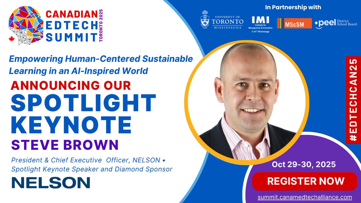 MindShareLearn's tweet image. We’re honoured to welcome Steve Brown @NelsonSteveB, CEO, @NelsonClassroom, as our Spotlight Keynote Speaker & Diamond Sponsor at #EdTechCAN25!
🎟️ Get 30% off Super Early Bird tickets with code SUPER30
🔗 summit.canamedtechalliance.com
#EdTech #AIinEducation #FutureOfLearning