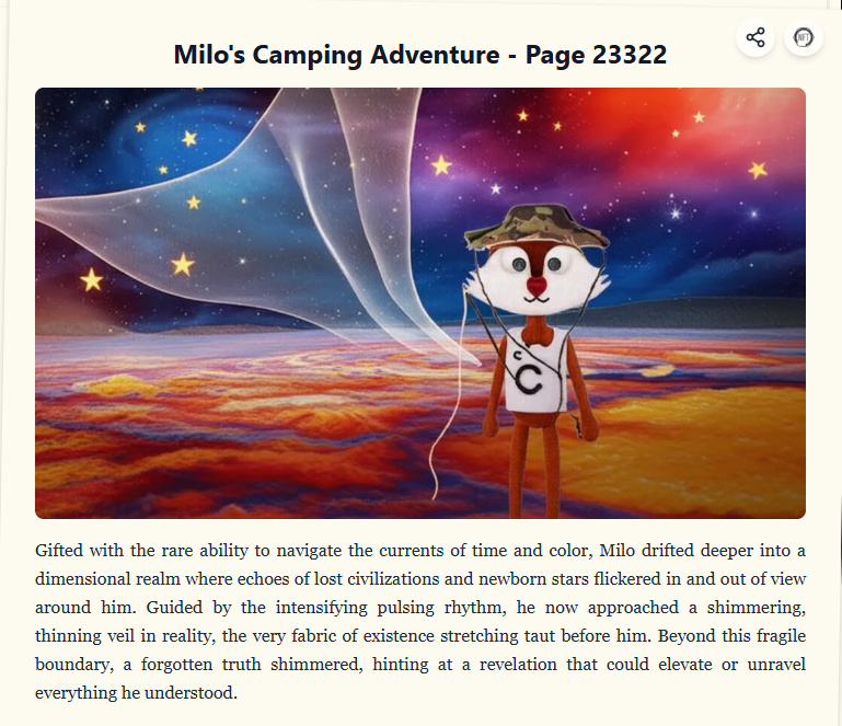 zuzuize113's tweet photo. Just created my page in @‌campnetworkxyz's Never Ending Story using @‌StoryChain_AI 📖 Continue Milo's story for a chance to win a @‌CampTrailHeads WL spot! #NeverEndingStory https://t.co/gIwo5qTTkp