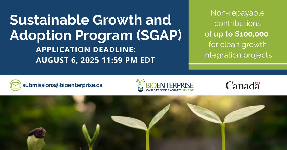 BioenterpriseCA's tweet image. 🚀 Applications for #SGAP are open until August 6, 2025, at 11:59 PM EDT. Don’t miss your chance to apply for funding to support your sustainability-driven projects. 🌿  Funded by #GC through @FedDevOntario. Learn more: ow.ly/cKRR50VWHk4
 
 #CleanGrowth #AgriTech #AgriFood