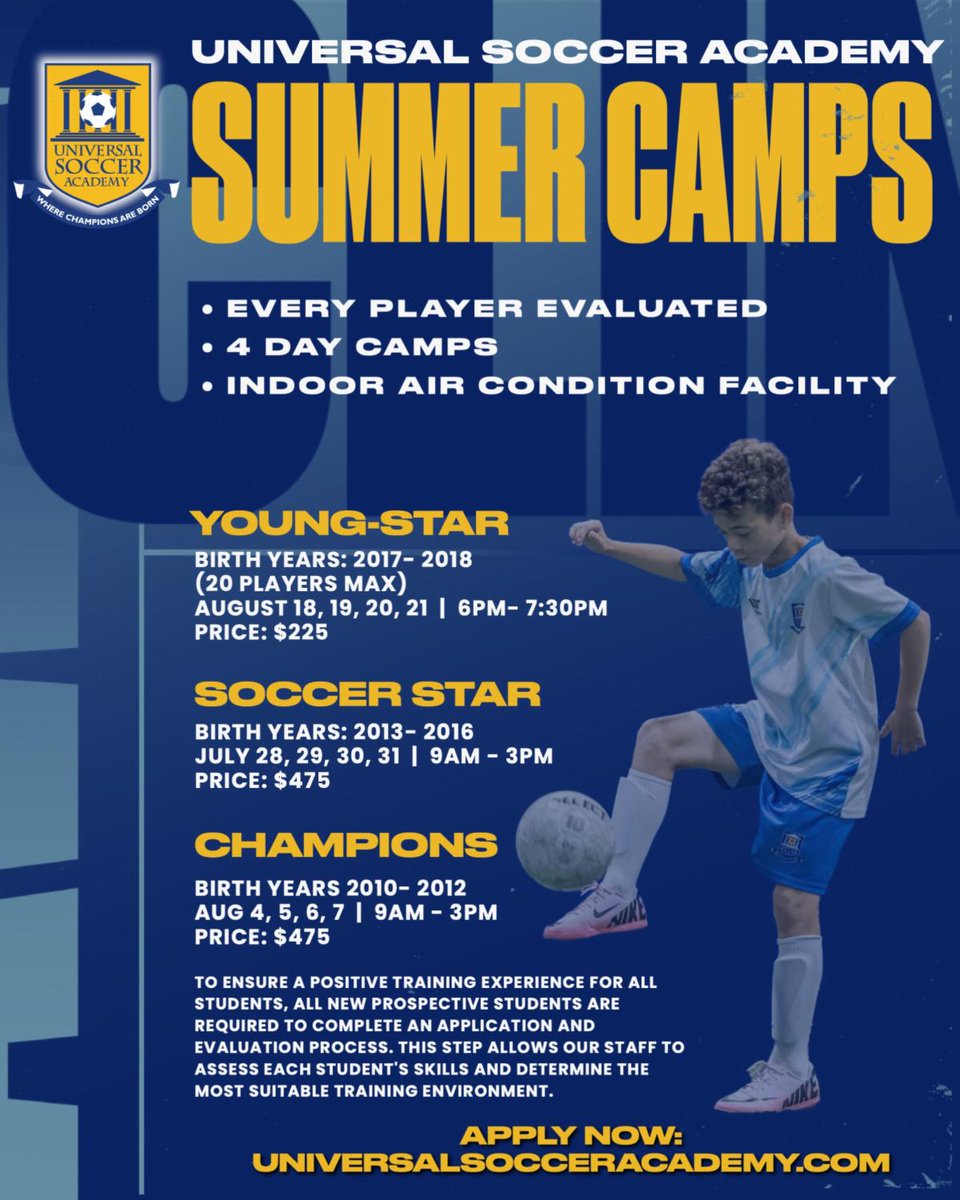 Join us for 4-Day Summer Soccer Camps at Universal Soccer Academy! ⚽ Limited spots! 👉 Apply Now:ow.ly/cyko50WeQIs @univsocceracademy #summercamps #njsoccer