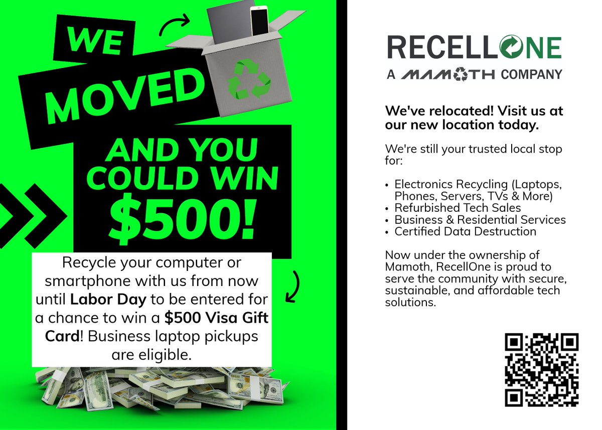 MamothITAD's tweet image. Recycle &amp;amp; Win Big! ♻️💰
Join us at RecellOne's new location! Recycle your smartphone or computer before Labor Day for a chance to win a $500 Visa Gift Card! Visit us at 📍6051 Telegraph Road, Unit 12, Toledo, OH 43612.
#RecycleAndWin #Toledo #TechForCash