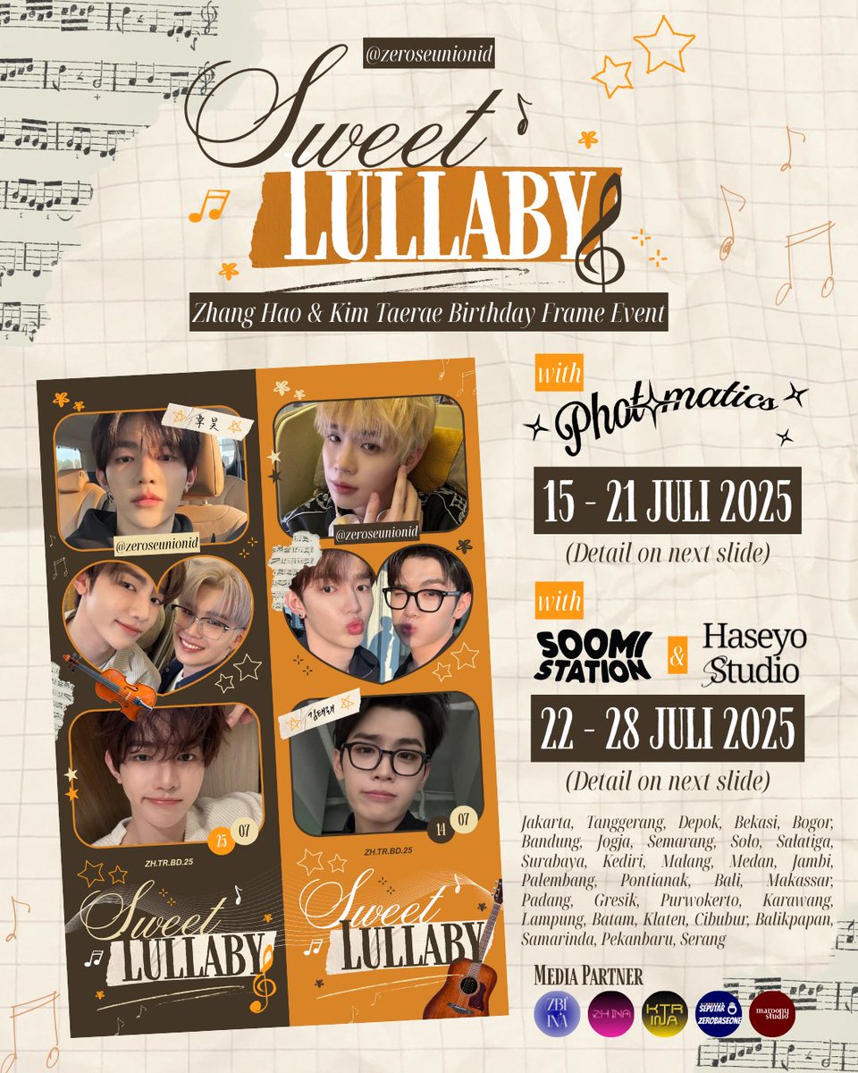 🎻𝓢𝔀𝓮𝓮𝓽 𝓛𝓾𝓵𝓵𝓪𝓫𝔂🎸
Zhang Hao &amp; Kim Taerae Birthday Frame Event
by <a href="/ZeroseUnionID/">ZeroseUnionID</a>

Collaboration with <a href="/photomaticsid/">Si paling narsis</a> , Soomi Station &amp; Haseyo Studio!

📅 15 - 28 July 2025
📍 More details below!

Use #SweetLullaby_ZHTR to celebrate together!