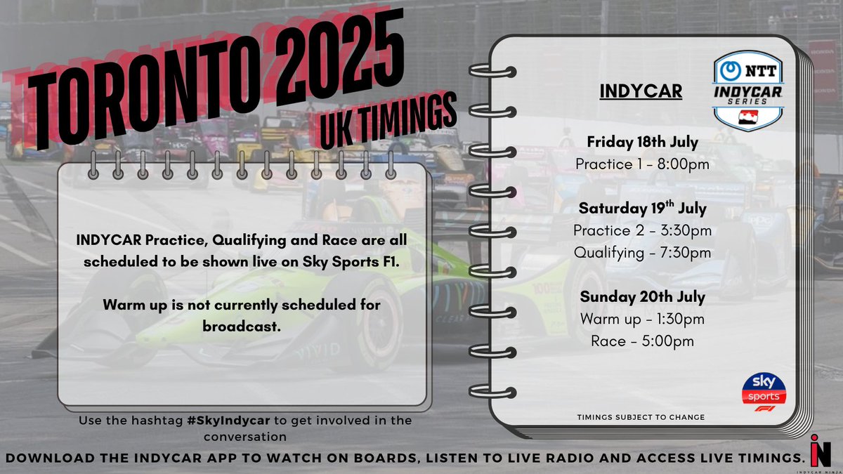 Nikki (@indycarninja) on Twitter photo Here are the UK π¬π§ timings for this weekends <a href="/IndyCar/">NTT INDYCAR SERIES</a> race in Toronto! π¨π¦ <a href="/hondaindy/">Ontario Honda Dealers Indy Toronto</a>
Warm up is not currently scheduled to be broadcast.
All other #Indycar sessions are live on <a href="/SkySportsF1/">Sky Sports F1</a>.
#SkyIndycar #IndyTO Here are the UK π¬π§ timings for this weekends <a href="/IndyCar/">NTT INDYCAR SERIES</a> race in Toronto! π¨π¦ <a href="/hondaindy/">Ontario Honda Dealers Indy Toronto</a>
Warm up is not currently scheduled to be broadcast.
All other #Indycar sessions are live on <a href="/SkySportsF1/">Sky Sports F1</a>.
#SkyIndycar #IndyTO