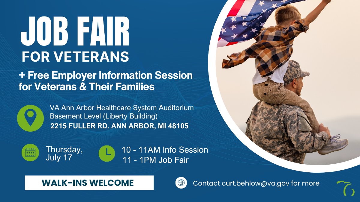 MIDIFS's tweet image. DIFS and other State of Michigan agencies are participating in an upcoming free information session and job fair for veterans and their families! Learn about job opportunities with the state and how to apply. Contact Curt Behlow at curt.behlow@va.gov for more information.