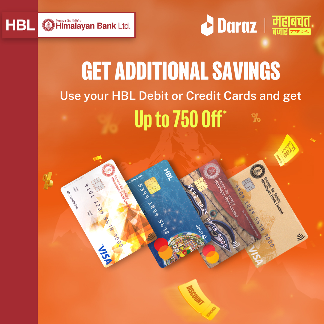 Your HBL Card, Your बचत Partner!
Shop on Daraz and receive up to Rs. 750 off with your HBL Debit or Credit Card during the Mahabachat Bazar.
#HBLxDaraz #MahabachatOffer #CardBenefits #SmartShopping #HBLNepal
