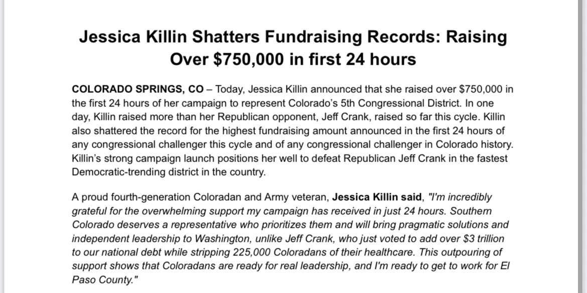 jamesd0wns's tweet image. #CO05: Army vet Jessica Killin (D) raises $750,000 in the first 24 hours of her challenge to Rep. Jeff Crank (R)
Wowza