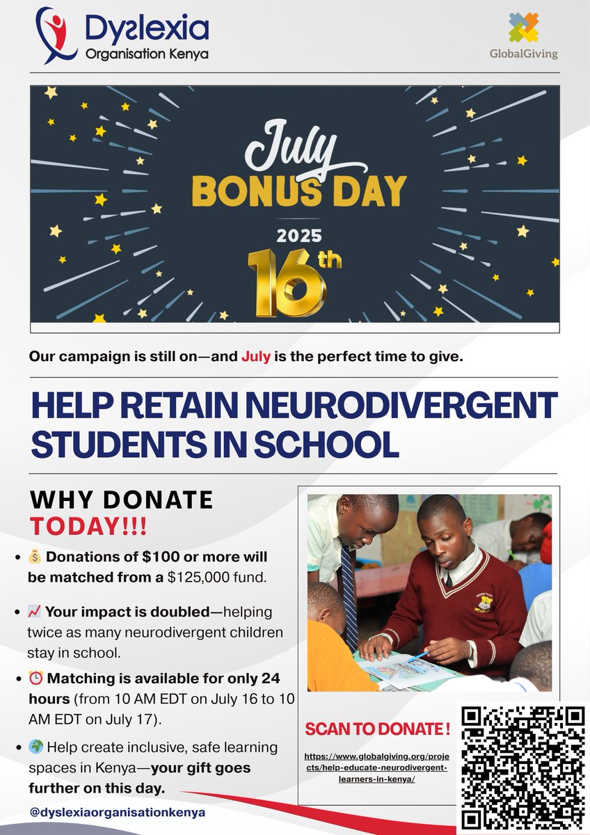 Kenya_dyslexia's tweet image. 🚨 3 HOURS TO GO! 🚨
The GlobalGiving Bonus Day starts soon. 🎉 Every donation will be matched – let’s empower neurodivergent learners in Kenya! 💛

👉 globalgiving.org/projects/help-…

#GlobalGiving #BonusDay #Neurodiversity