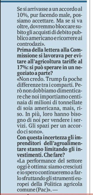 🇪🇺🇺🇸 🗣️La tariffa al 30% è stata annunciata per essere negoziata. Anche l’America ha bisogno di noi: importiamo come UE beni e servizi per svariate centinaia di miliardi di dollari dagli USA!! Tra cui soia, mais, riso, carne, succo d’arancia. L’agroalimentare europeo non può
