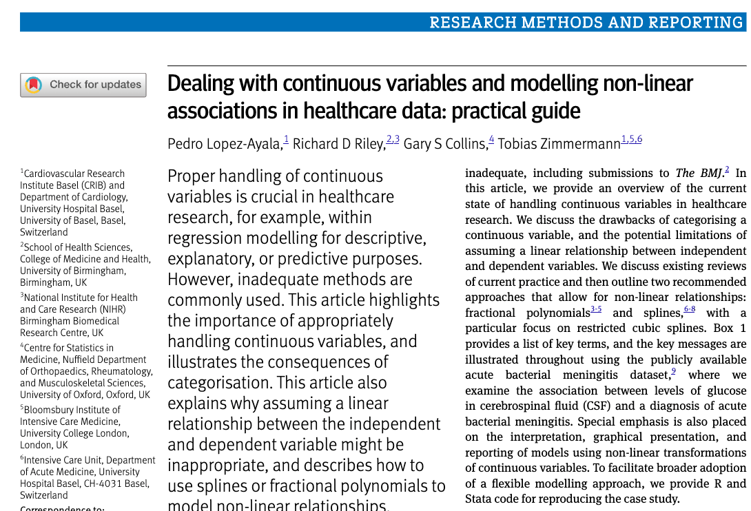 GSCollins's tweet image. NEW PAPER in @bmj_latest "Dealing with continuous variables and modelling non-linear associations in healthcare data: practical guide"
--> bmj.com/content/390/bm…
#methodologymatters