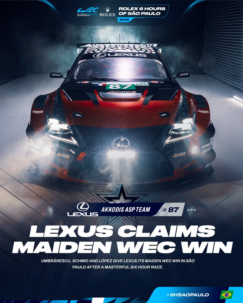 FIAWEC's tweet image. It's official. Lexus has claimed its first WEC win 🙌
The Japanese marque has shown pace all year, but was chasing that elusive maiden victory... until last weekend in Brazil with @AkkodisASPTeam!
#WEC #6HSaoPaulo #Lexus