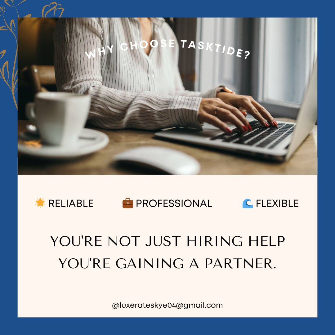 Task_Tide's tweet image. 📌 Research &amp;amp; Report
📌 Social Media Management
📌 Customer Support
📌 Administrative Support

Ready to ride the wave of productivity? 🌊
#TaskTide #VirtualAssistant #WhatWeOffer #ProductivityPartner #SmallBizSupport