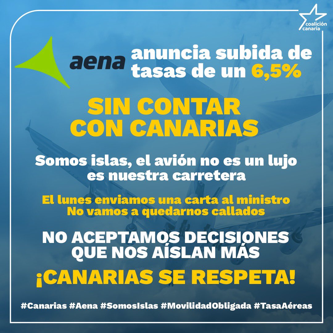 ✈️ AENA sube las tasas un 6,5% sin contar con #Canarias. Aquí el avión es nuestra carretera. Por eso:

📩 Hemos enviado una carta al ministro para exigir la convocatoria urgente de la Comisión Bilateral Canarias-Estado

🚫 No vamos a permitir más decisiones que nos dejen atrás