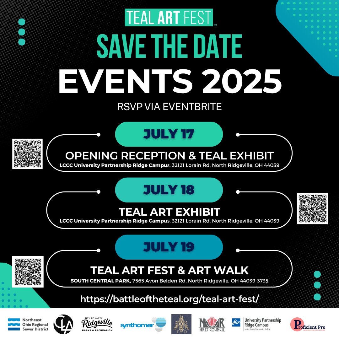 Final Reminder: RSVP for TEAL Art Fest!
North Ridgeville • July 17–19
Buy raffle tickets and register for the Art Walk with a $1+ donation for a free surprise! 
#TEALArtFest

Official page: battleoftheteal.org/teal-art-fest/ 
Eventbrite RSVP: rb.gy/cs8fsn