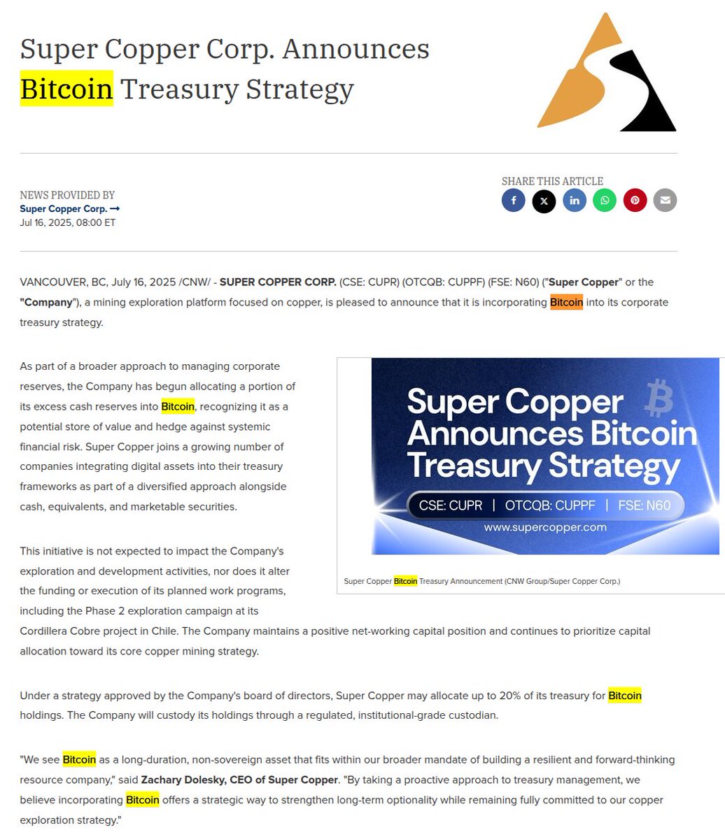 🚨JUST IN: 🇨🇦 Super Copper Corp has begun adding #bitcoin to its treasury  strategy, allocating up to 20% of reserves to BTC as a store of value.