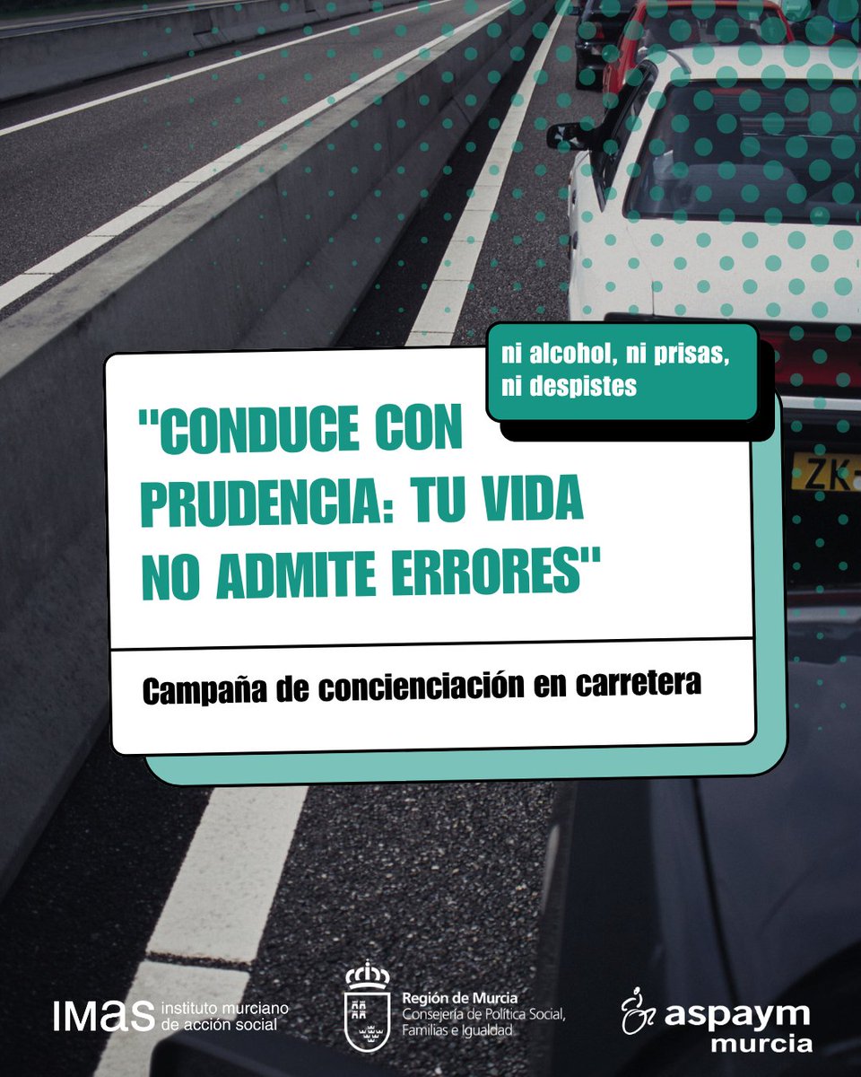 🚗Conduce con PRUDENCIA: tu vida no admite errores.

Ni alcohol, ni prisas, ni despistes.
Este verano, extrema la precaución al volante.

📢Campaña de concienciación en carretera dentro del Programa de intervención social de <a href="/AspaymMurcia/">ASPAYM MURCIA</a> subvencionado por el IMAS <a href="/PolitSocialMur/">Consejería de Política Social Familias e Igualdad.</a>
