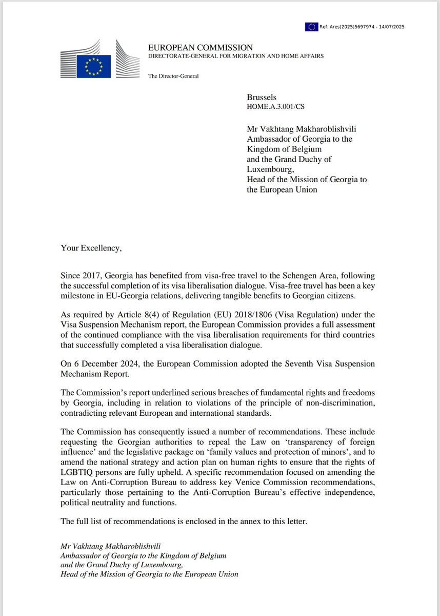 RikardJozwiak's tweet image. this is THE correct 🇪🇺letter sent to 🇬🇪 on potential visa lib suspension. It mentions the August deadline. The one provided to 🇬🇪 media outlets was just a draft