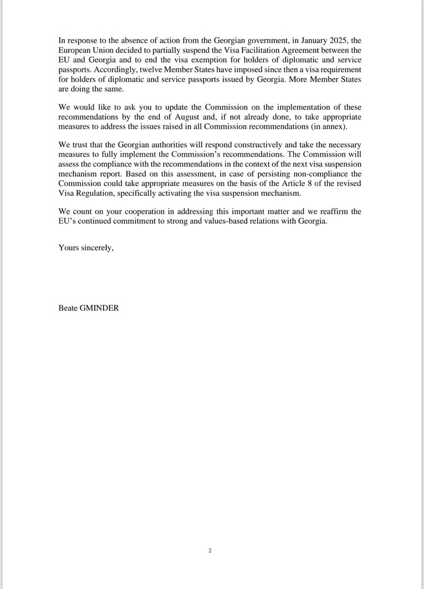 RikardJozwiak's tweet image. this is THE correct 🇪🇺letter sent to 🇬🇪 on potential visa lib suspension. It mentions the August deadline. The one provided to 🇬🇪 media outlets was just a draft