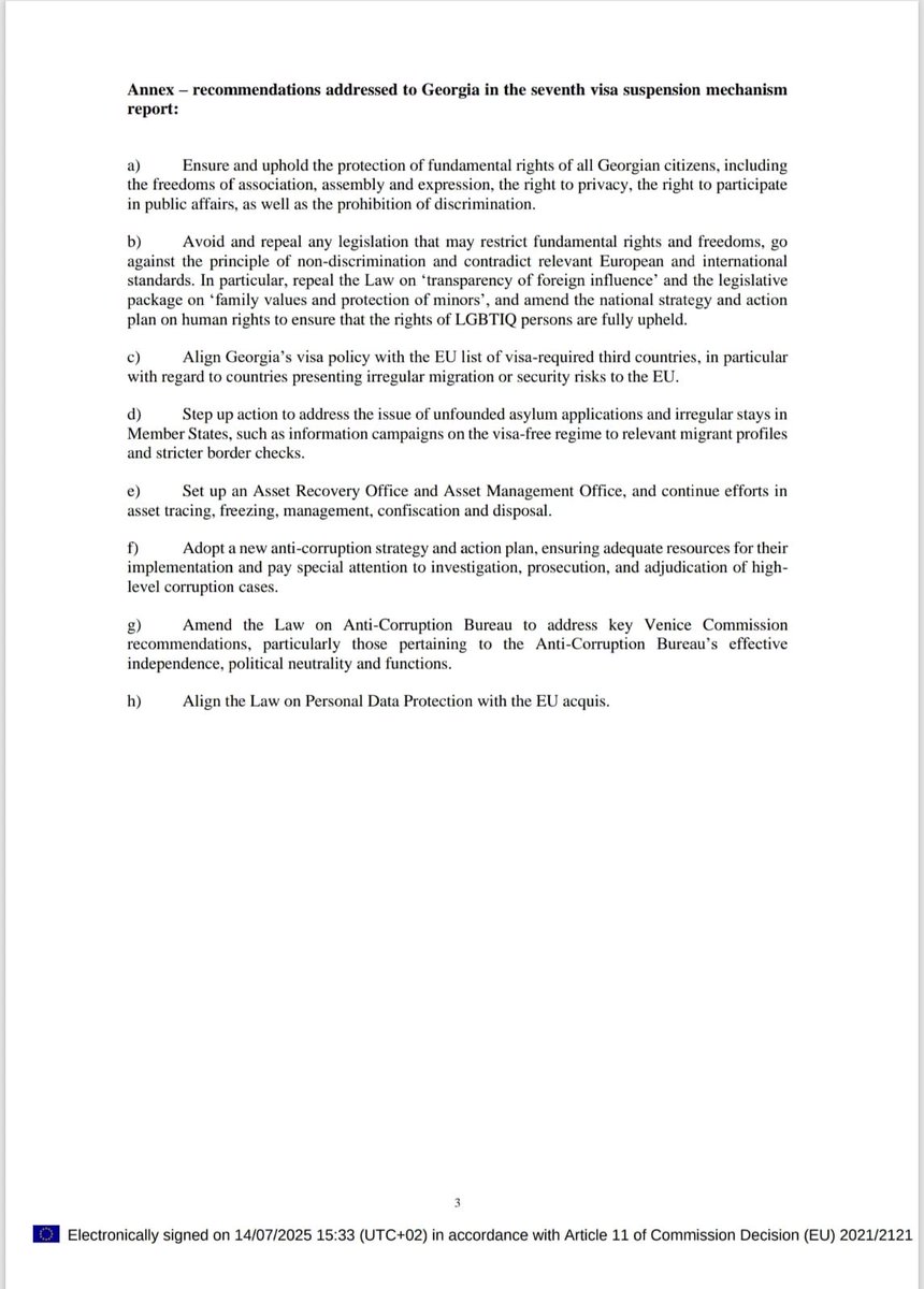 RikardJozwiak's tweet image. this is THE correct 🇪🇺letter sent to 🇬🇪 on potential visa lib suspension. It mentions the August deadline. The one provided to 🇬🇪 media outlets was just a draft