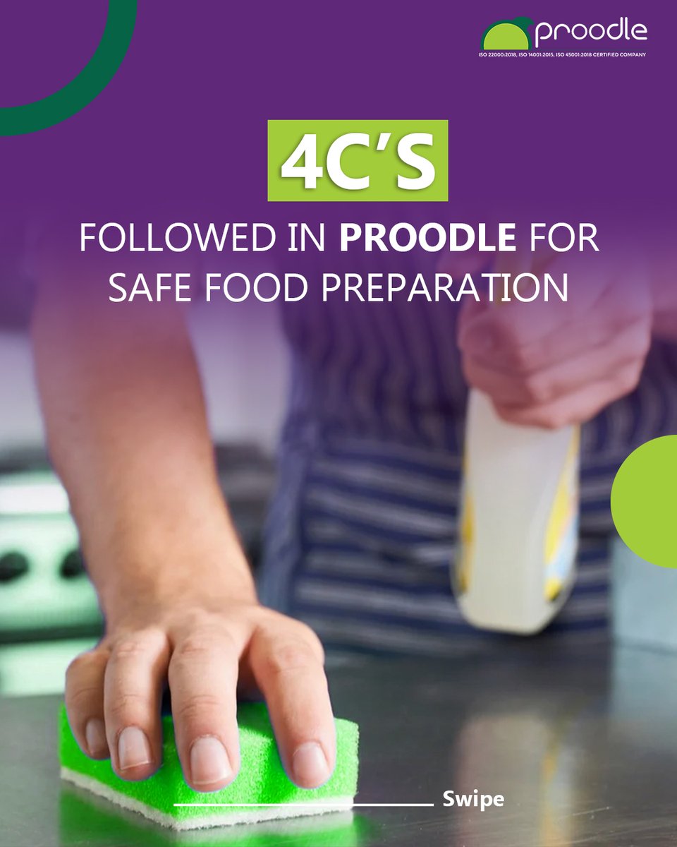proodle2013's tweet image. At Proodle, we follow the 4Cs of Safe Food Prep:
🧼 Cleaning – Clean hands, surfaces &amp;amp; tools
🔥 Cooking – Cook &amp;amp; record at right temps
🚫 Cross Contamination – Separate raw &amp;amp; ready-to-eat + allergen control
❄️ Chilling – Chill at ≤ 5°C, no overloading
#SafeFood #4Cs #FoodSafety
