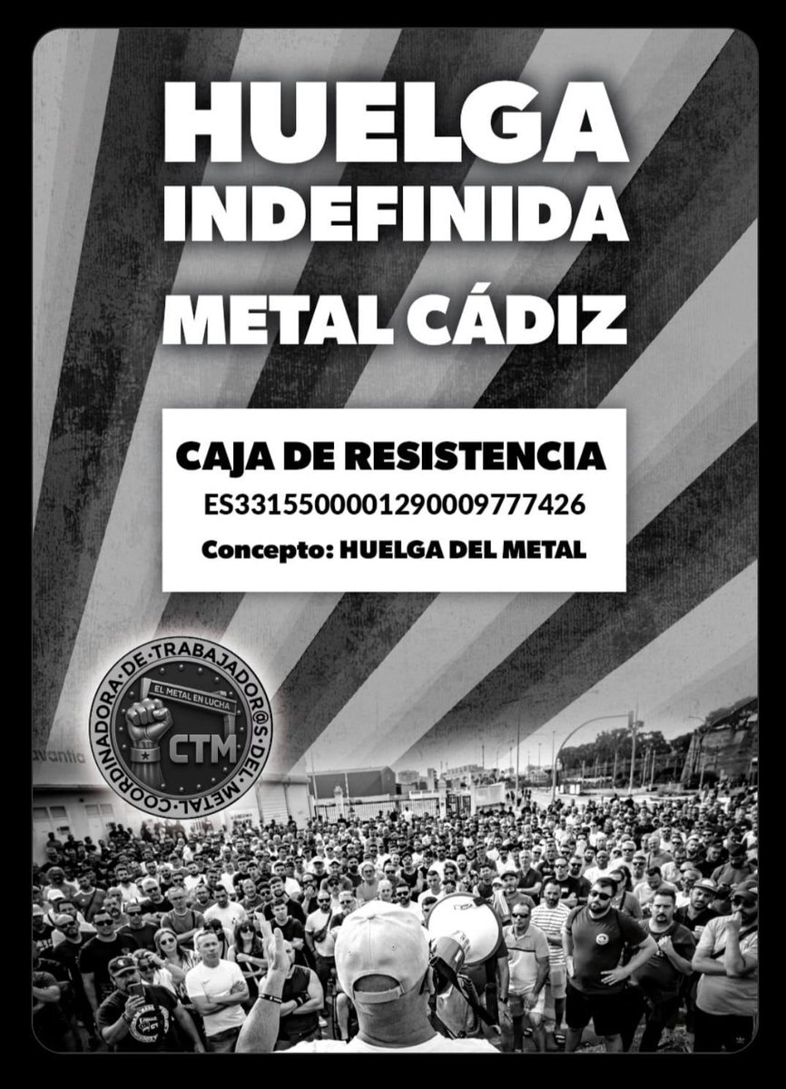 Nos confirman que hay un detenido mas por la #huelgadelmetalcadiz ya         son 24, los mismos que en Torre Pacheco... por los cojones.
La caja de resistencia sigue abierta y siguen llegando apoyos.
En cuanto tengamos la cuentas claras os haremos saber en qué se está empleando.