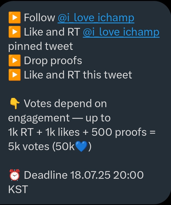 gfrienDyeonie's tweet image. ▶️ Follow @i_love_ichamp
▶️ Like and RT @i_love_ichamp pinned tweet 
▶️ Drop proofs
▶️ Like and RT this tweet

👇 Votes depend on engagement — up to
1k RT + 1k likes + 500 proofs = 5k votes (50k💙)

⏰ Deadline 18.07.25 20:00 KST

📝 Please join this for VIVIZ😭🙏