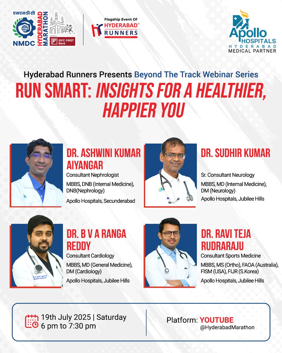 🏃♀️ Run Smart: Insights for a Healthier, Happier You! 🏃♂️
Join Hyderabad Runners for their Beyond The Track Webinar Series featuring expert doctors from Apollo Hospitals.

🗓️ 19th July 2025 | Saturday
⏰ 6 PM to 7:30 PM IST
📺 Live on YouTube: @HyderabadMarathon