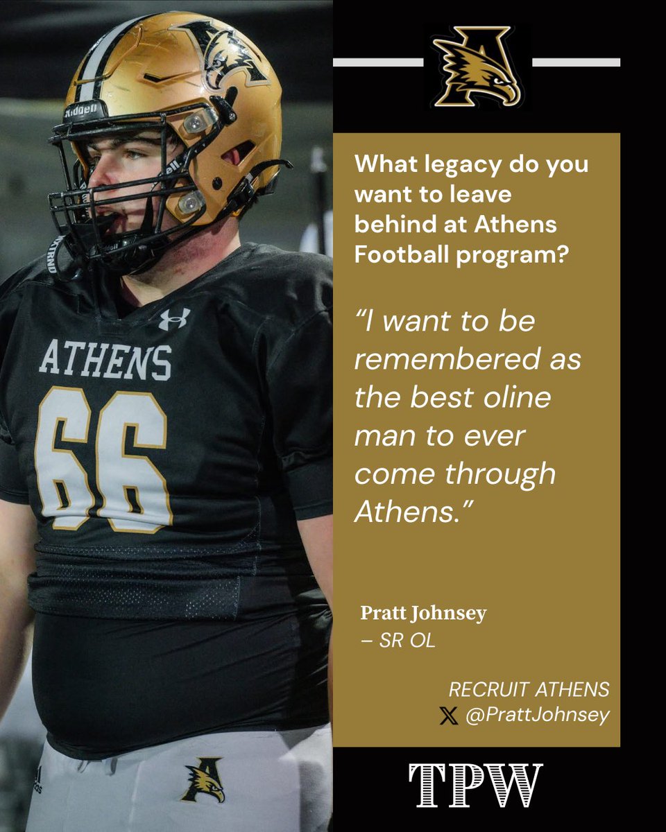 RecruitAthens's tweet image. PLAYER SPOTLIGHT | #TPW
Meet Pratt Johnsey, a 3-year starter on the Athens offensive line—Center, Guard, and Tackle
➡️Follow Pratt’s journey: @PrattJohnsey
#AthensFootball #SeniorSpotlight #ToughPeopleWin #OffensiveLine #TrenchWork #RecruitAthens #GoldStandard