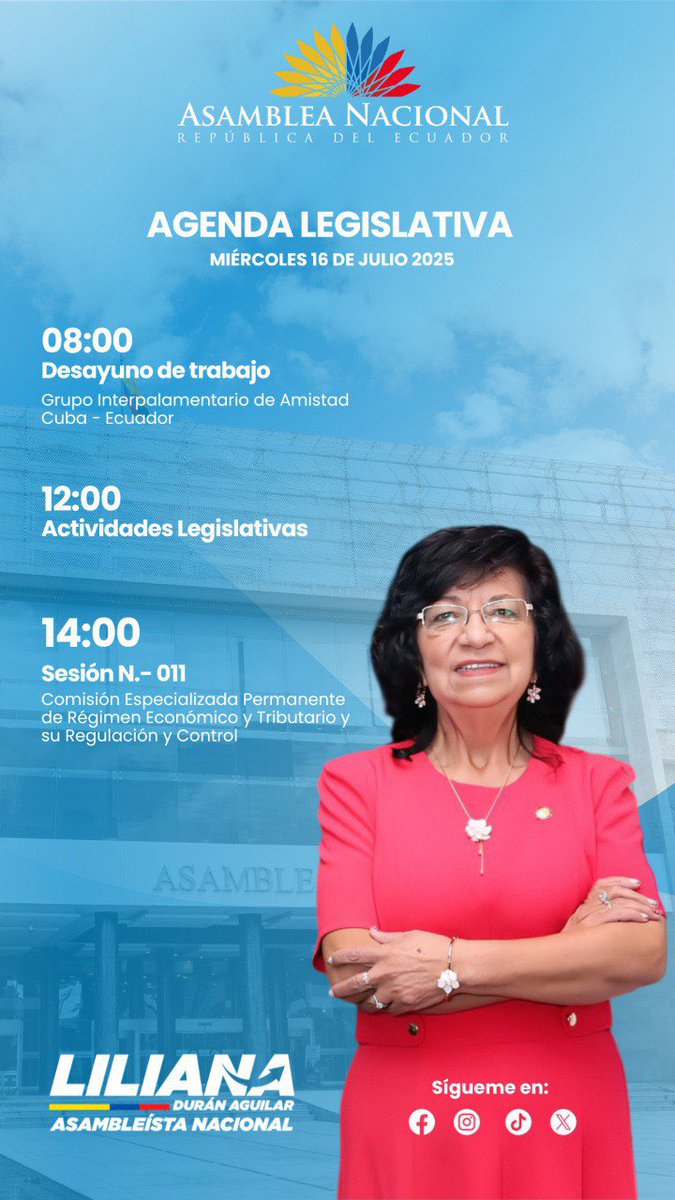 ¡Arrancamos un nuevo día de trabajo legislativo! 🇪🇨
Este miércoles 16 de julio mi agenda está marcada por el compromiso con la integración regional, el debate económico y el fortalecimiento democrático:

☕ 08h00 | Desayuno de trabajo
Grupo Interparlamentario de Amistad Cuba -