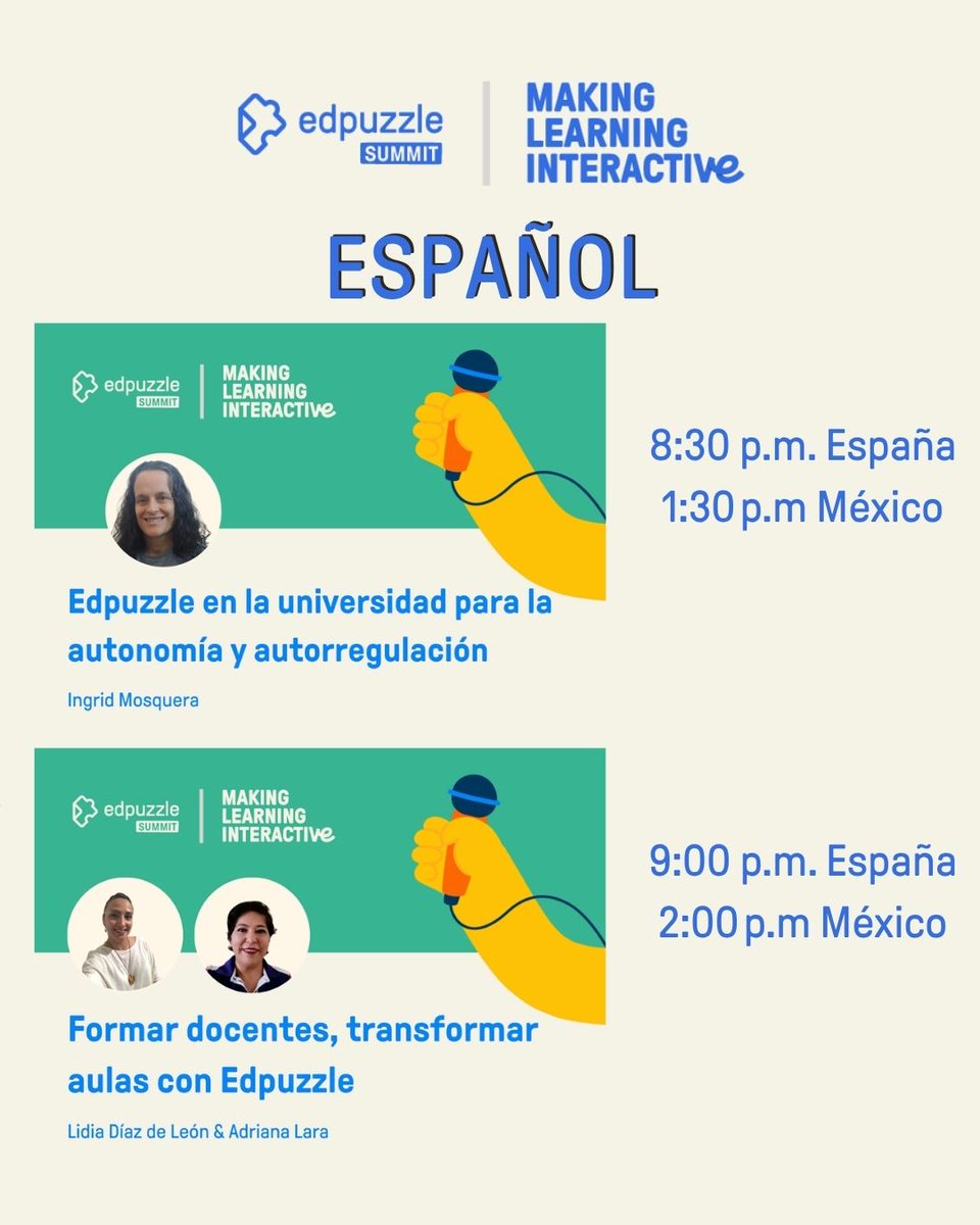 Hoy 16 de julio tenemos estas dos sesiones en español, en la ruta verde. #edpuzzlesummit
<a href="/imgende/">Ingrid Mosquera</a>  <a href="/alara2108/">LARA</a>