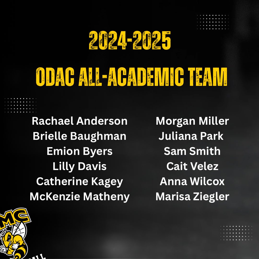 RMCWBB's tweet image. 📚 🐝 2024-2025 𝑶𝑫𝑨𝑪 𝑨𝒍𝒍-𝑨𝒄𝒂𝒅𝒆𝒎𝒊𝒄 𝑻𝒆𝒂𝒎
Congratulations to our 12 student-athletes named to the 2024-25 ODAC All-Academic Team! We are proud of your hard work and dedication in the classroom and on the court!
#GoYellowJackets