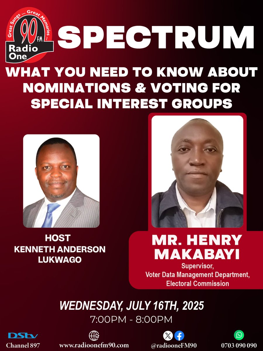 Radio One FM90 (@radioonefm90) on Twitter photo "WHAT YOU NEED TO KNOW ABOUT NOMINATIONS & VOTING FOR SPECIAL INTEREST GROUPS" - <a href="/HenryMakabayi/">Makabayi Henry</a>
Tonight, on Spectrum with <a href="/anderlukson/">Kenneth Anderson Lukwago</a>
<a href="/UgandaEC/">The Electoral Commission - Uganda</a>
<a href="/pwatchug/">Parliament Watch</a>
<a href="/pwatchug/">Parliament Watch</a>
<a href="/GovUganda/">Government of Uganda</a>
<a href="/StateHouseUg/">State House Uganda</a>
#RadioOne #FM90 #SPECTRUM "WHAT YOU NEED TO KNOW ABOUT NOMINATIONS & VOTING FOR SPECIAL INTEREST GROUPS" - <a href="/HenryMakabayi/">Makabayi Henry</a>
Tonight, on Spectrum with <a href="/anderlukson/">Kenneth Anderson Lukwago</a>
<a href="/UgandaEC/">The Electoral Commission - Uganda</a>
<a href="/pwatchug/">Parliament Watch</a>
<a href="/pwatchug/">Parliament Watch</a>
<a href="/GovUganda/">Government of Uganda</a>
<a href="/StateHouseUg/">State House Uganda</a>
#RadioOne #FM90 #SPECTRUM