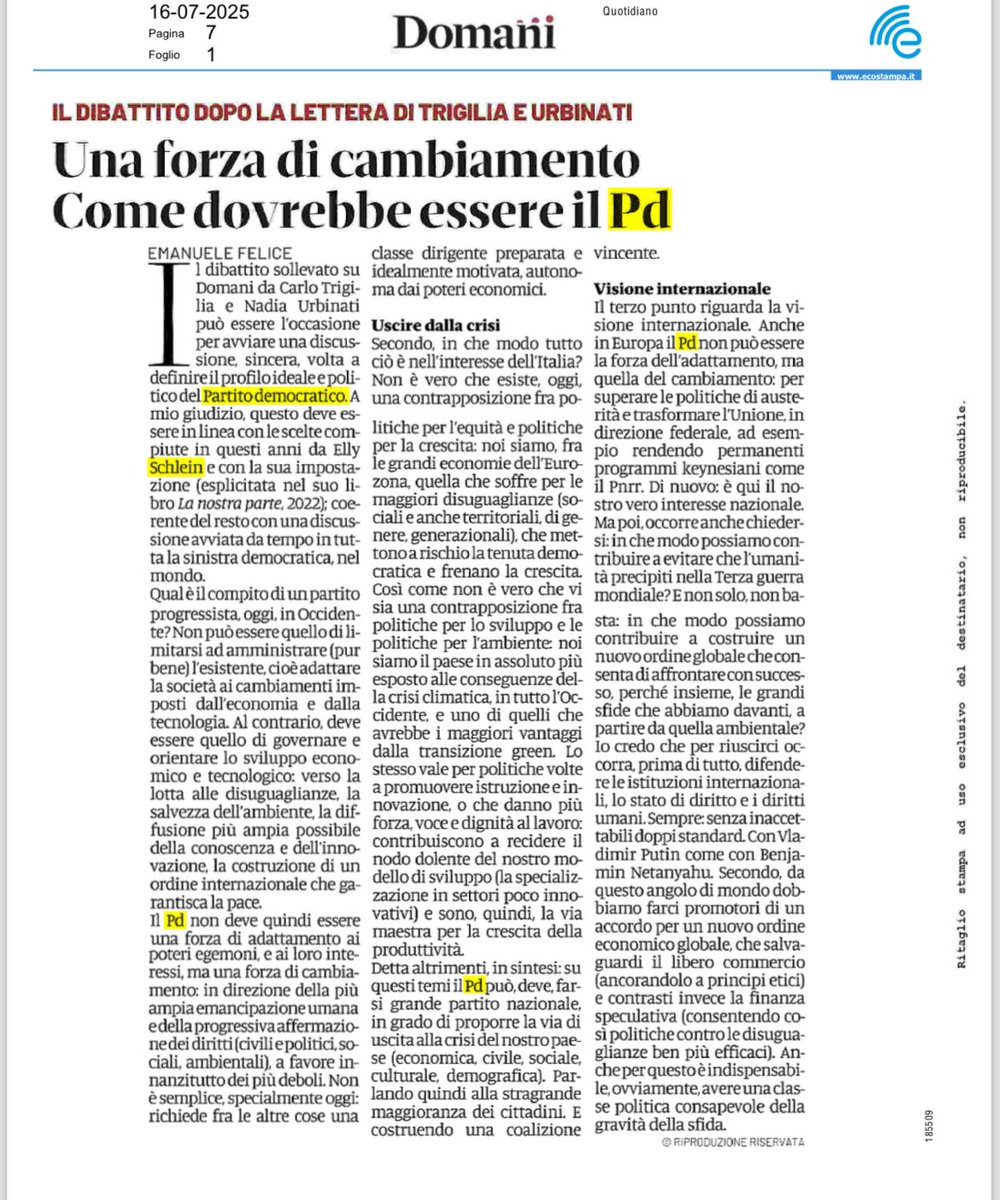 emanuelefelice2's tweet image. A mio parere, l’impostazione ideale che la segreteria di Elly Schlein sta dando al Pd è condivisibile e giusta. In quest’articolo per Domani, cerco di fissare quelli che per me sono i tre punti essenziali: l’idea di fondo, quel che è utile per l’Italia, la visione internazionale.