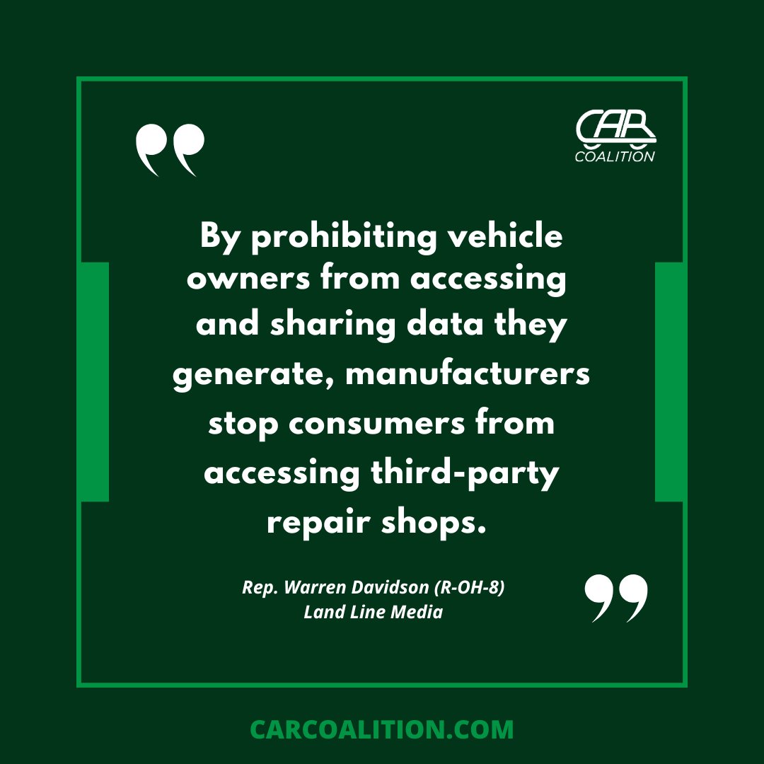 TheCARCoalition's tweet image. Thank you @Rep_Davidson for co-sponsoring the #REPAIRAct and standing up for the right to repair. This bipartisan effort will lower costs, increase competition, and empower Americans to choose how and where to fix their vehicles.
Learn more: carcoalition.com