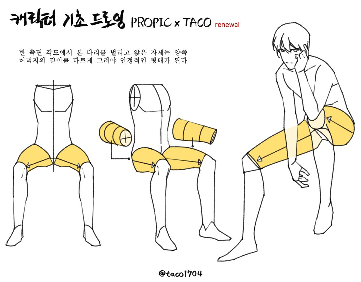 taco1704's tweet image. 반측면 각도에서 본 다리를 벌리고 앉은 자세는 양쪽 허벅지의 길이를 다르게 그려야 한다
斜めの角度から見た脚を広げて座った姿勢は、両太ももの長さを変えて描かなければならない