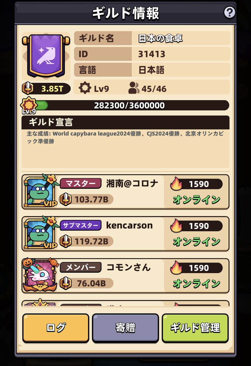 『日本の食卓』
もう少しで4Tに到達✌️( *´꒳`* )
ギルメン1名募集してます(´*ω*｀)
マスターは名前の通りで家でカピバラやり放題( ³ 3 ³｡📱｡)
オプチャは毎日200件以上でワイワイ楽しいギルドです(≧∇≦)
興味のある方はDMお待ちしております🙇‍♀️