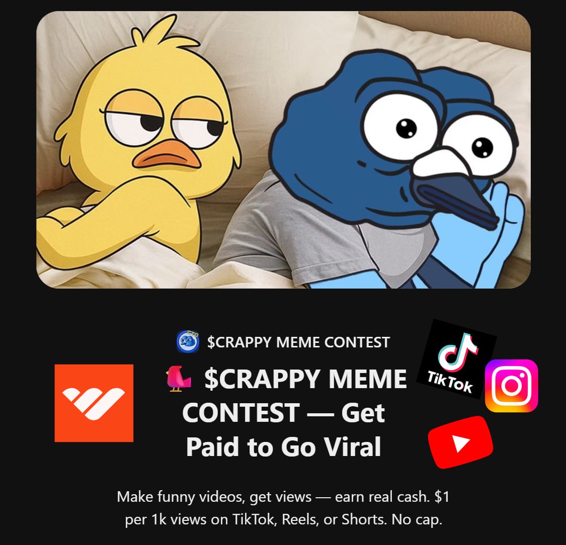 CrappyBirdBase's tweet image. The first ever $CRAPPY Meme Contest is finally here! It's time to show your creativity, editing & trolling and grab a piece of the $1,000 prize pool! 🪄💰
Pigeons Army, assemble and more importantly, HAVE FUN with it! 🐦🐦🐦🐦🐦🐦
Join Now!👇
whop.com/crappy-meme-co…