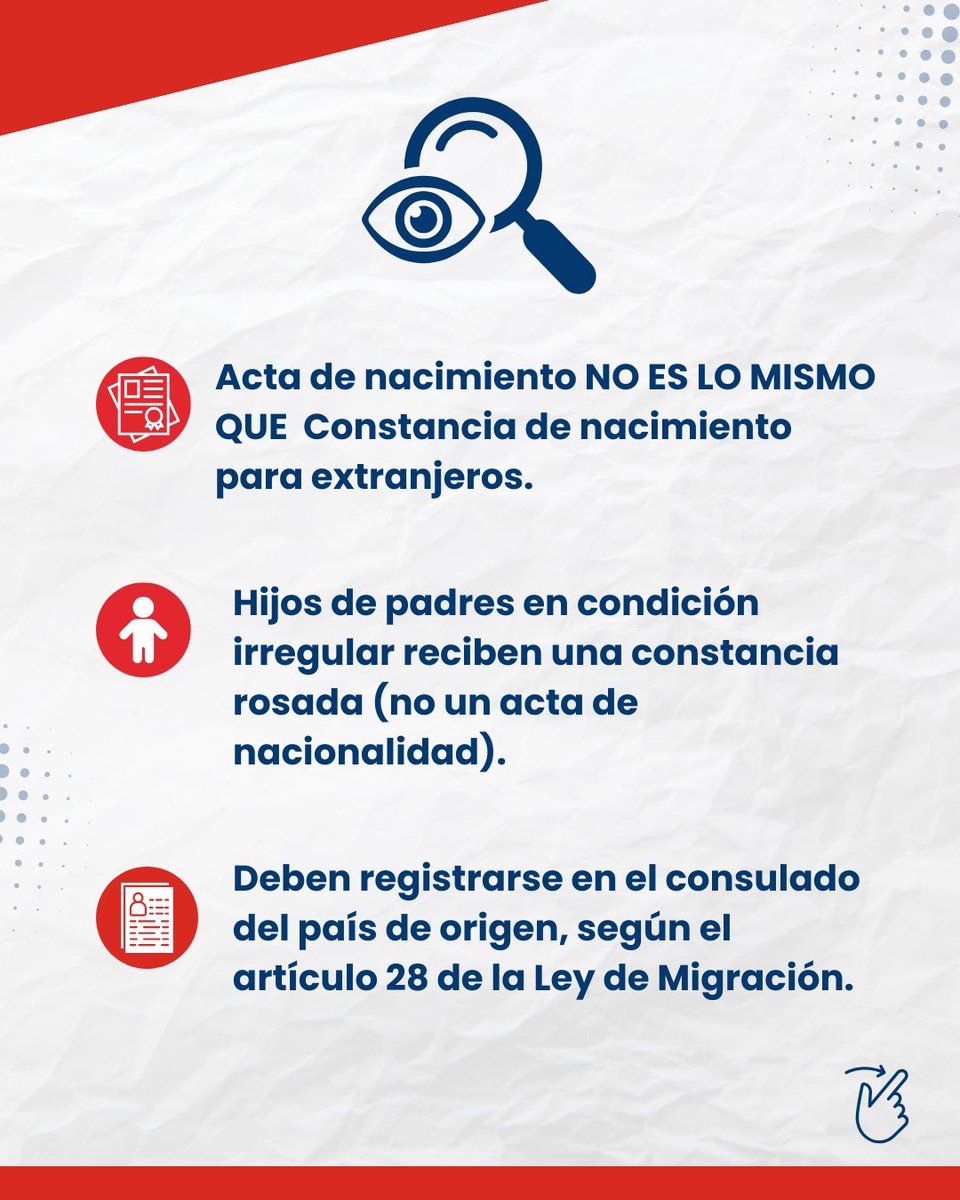 MigracionRDo's tweet image. 📌 Nacer en RD no otorga automáticamente la nacionalidad.

Según la Constitución y la Ley 285-04, hijos de extranjeros no residentes o en situación irregular no adquieren la nacionalidad dominicana por nacimiento.

🔗 Conoce más en nuestra infografía.

#DGM 
#MigraciónRD