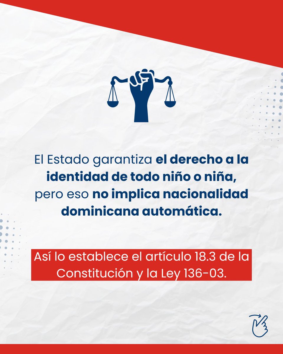 MigracionRDo's tweet image. 📌 Nacer en RD no otorga automáticamente la nacionalidad.

Según la Constitución y la Ley 285-04, hijos de extranjeros no residentes o en situación irregular no adquieren la nacionalidad dominicana por nacimiento.

🔗 Conoce más en nuestra infografía.

#DGM 
#MigraciónRD