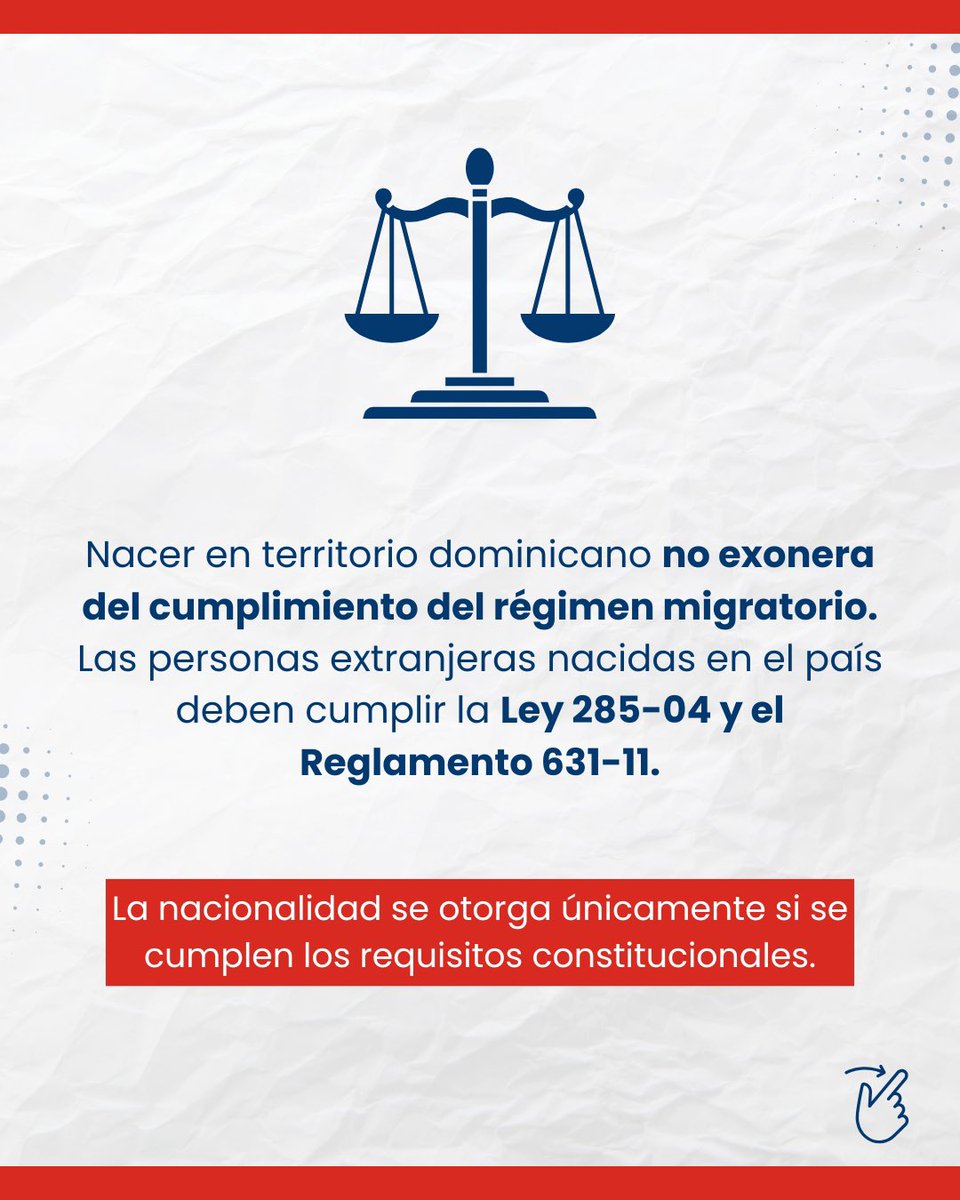 MigracionRDo's tweet image. 📌 Nacer en RD no otorga automáticamente la nacionalidad.

Según la Constitución y la Ley 285-04, hijos de extranjeros no residentes o en situación irregular no adquieren la nacionalidad dominicana por nacimiento.

🔗 Conoce más en nuestra infografía.

#DGM 
#MigraciónRD