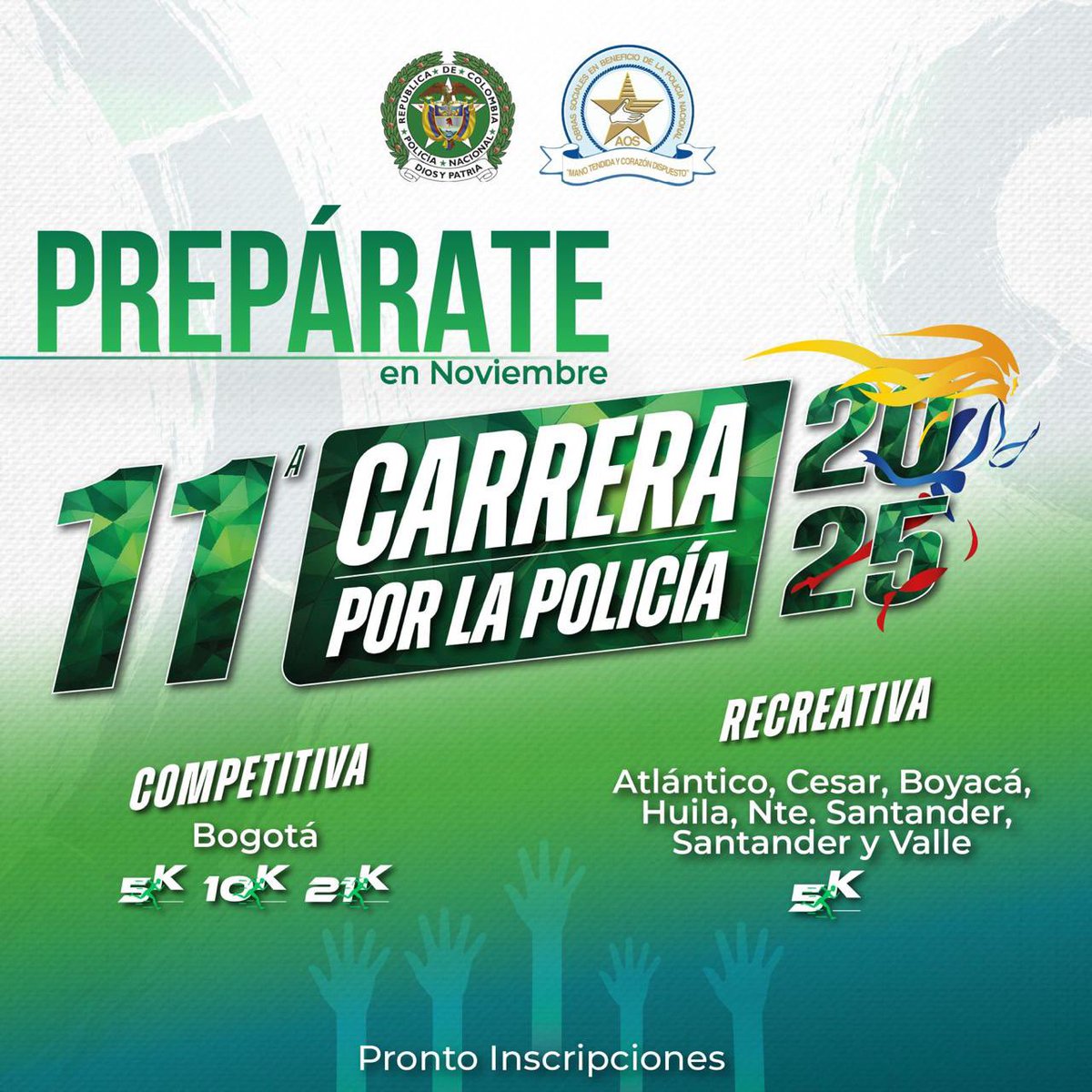 En noviembre llega la 11.ª versión de la #CarreraPorLaPolicía2025.

🌟 Vive esta fiesta deportiva:
📍 Carrera competitiva (5K, 10K y 21K) en Bogotá
📍 Carrera recreativa (5K) en Atlántico, Cesar, Boyacá, Huila, Norte de Santander, Santander y Valle del Cauca

🗓️ ¡Muy pronto!
