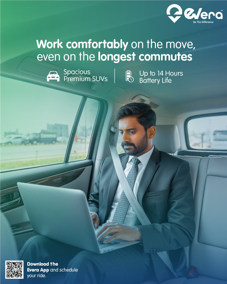 Everacabs (@everacabs) on Twitter photo Emails in traffic? Presentations on the go?
Evera’s premium SUVs w/ up to 14hr battery let you work anywhere w/o surge stress.
📲 Download app & schedule ride: qrcodes.pro/2g0L5e
<a href="/e_prakriti/">Prakriti E-Mobility</a>
#Evera #EVIndia #CorpCommute #ElectricSUV #WorkOnTheGo Emails in traffic? Presentations on the go?
Evera’s premium SUVs w/ up to 14hr battery let you work anywhere w/o surge stress.
📲 Download app & schedule ride: qrcodes.pro/2g0L5e
<a href="/e_prakriti/">Prakriti E-Mobility</a>
#Evera #EVIndia #CorpCommute #ElectricSUV #WorkOnTheGo