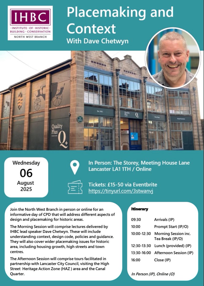 🔸IHBC North West - Placemaking and Context (Hybrid)🔸

Join the NW branch and Dave Chetwyn of Urban Vision Enterprise for an informative day of CPD that will address different aspects of design and placemaking for historic areas. 

🎟️ tinyurl.com/3stwanvj