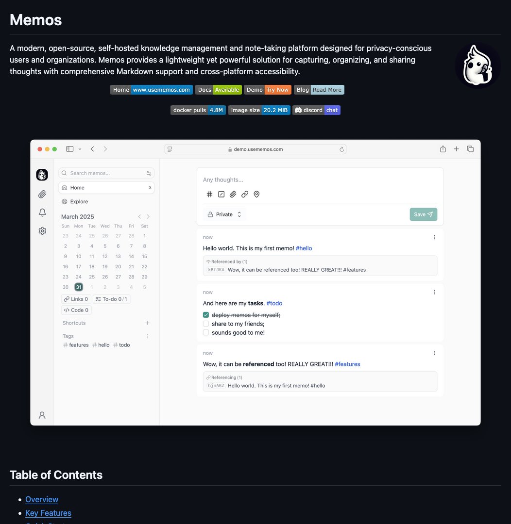 D4Vinci1's tweet image. memos by @usememos

Discover a modern, open-source note-taking platform for privacy-conscious users &amp;amp; organizations. Memos offers comprehensive Markdown support &amp;amp; cross-platform accessibility. #Memos #NoteTaking #SelfHosted #OpenSource
